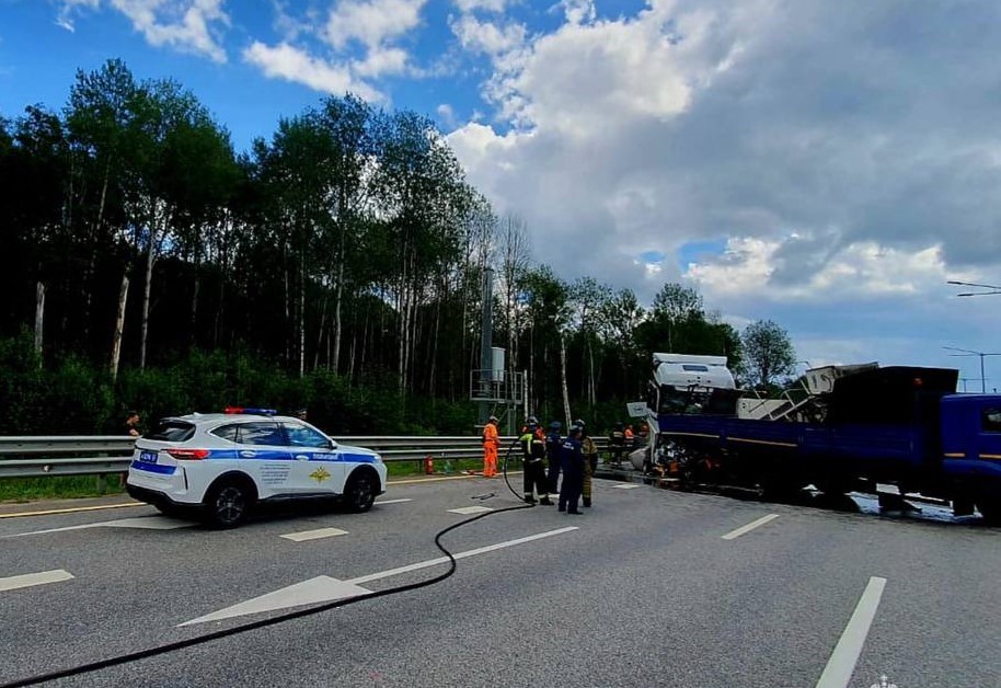 На трассе М-11 в Новгородской области грузовик врезался в автомобиль дорожной службы