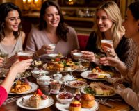 Компания подруг наслаждается общением и вкусной едой