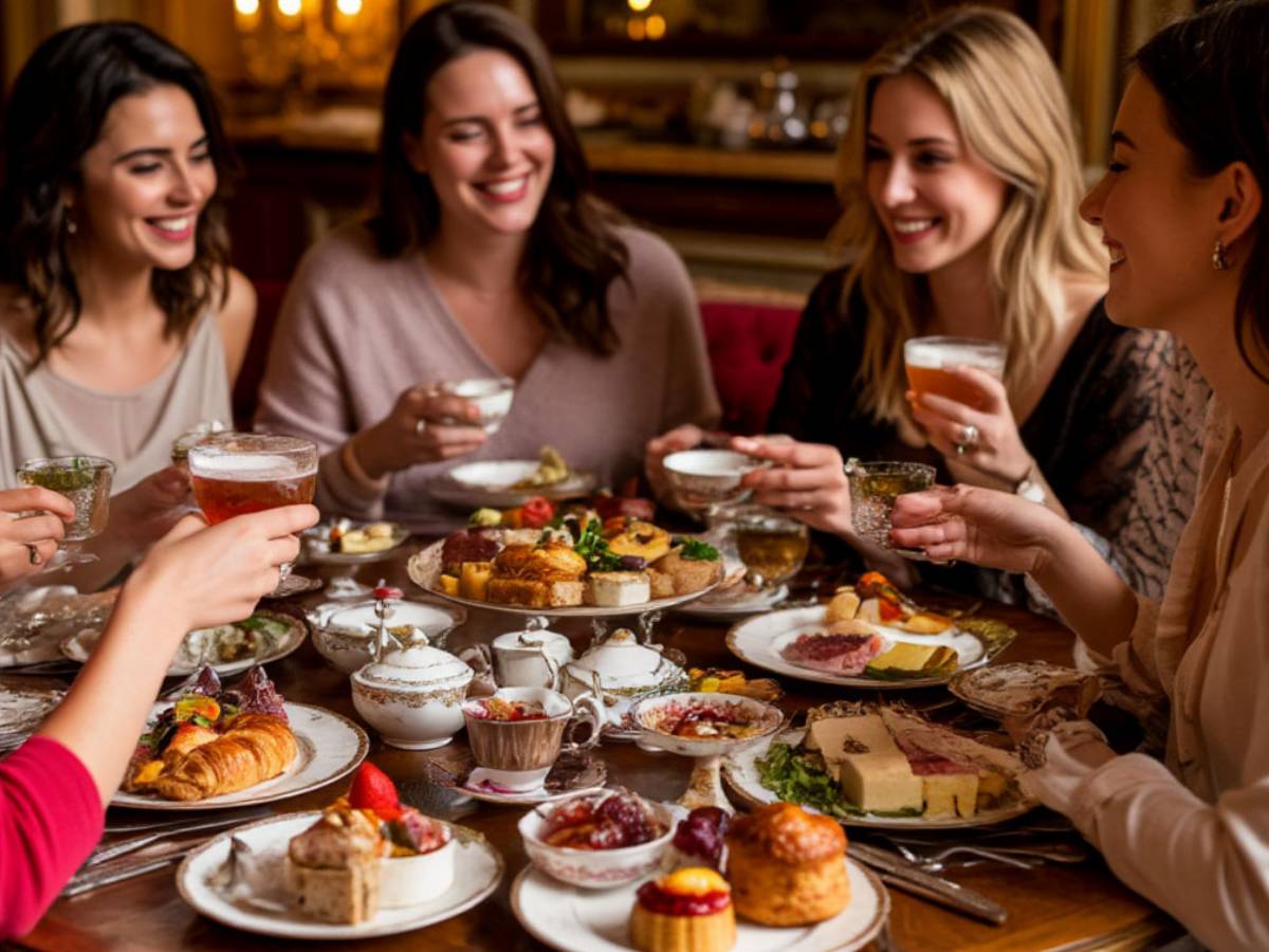 Компания подруг наслаждается общением и вкусной едой