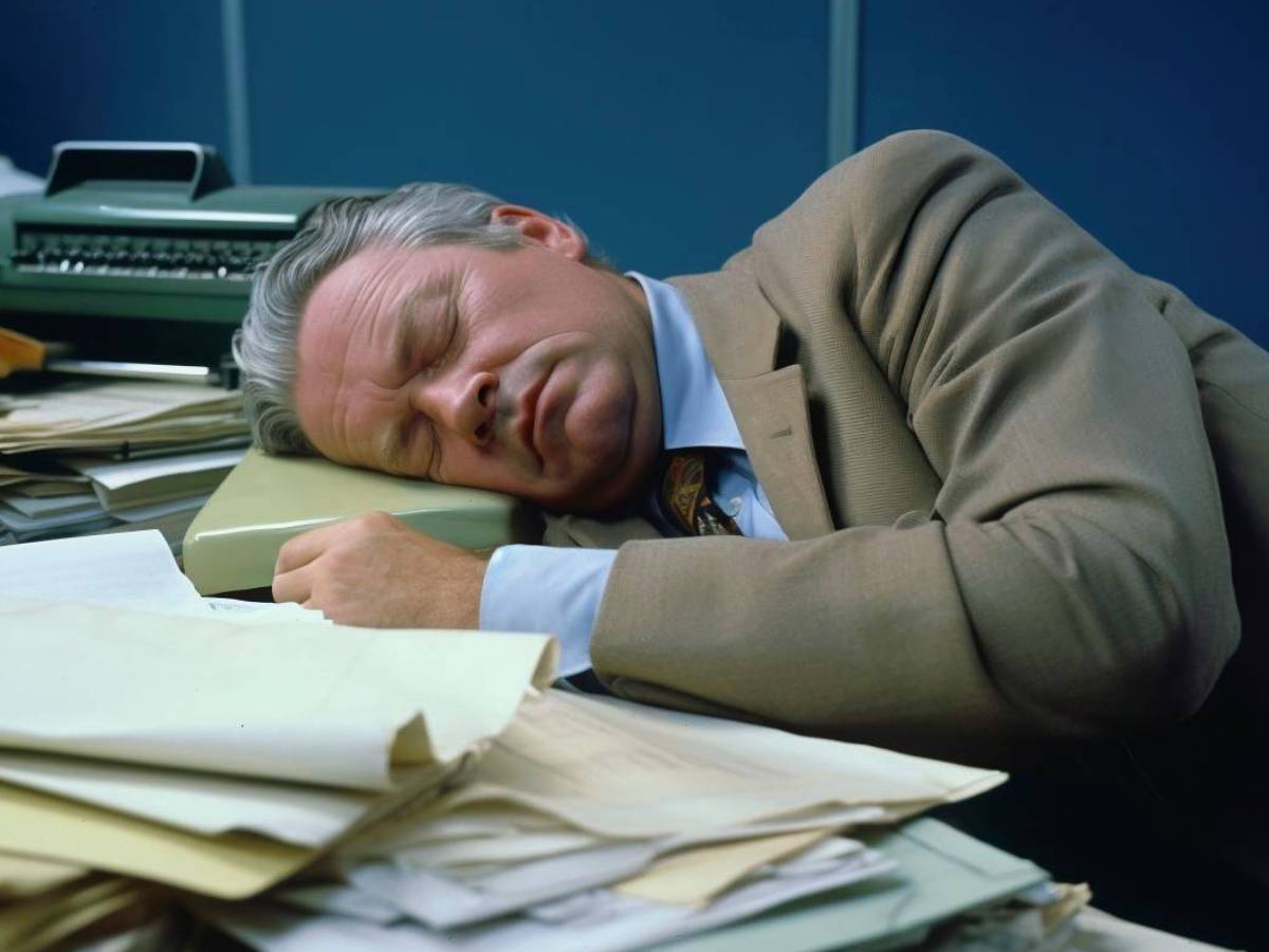 Мужчина в деловом костюме спит за рабочим столом