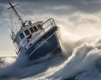 Маленький корабль посредине бушующих волн во время шторма