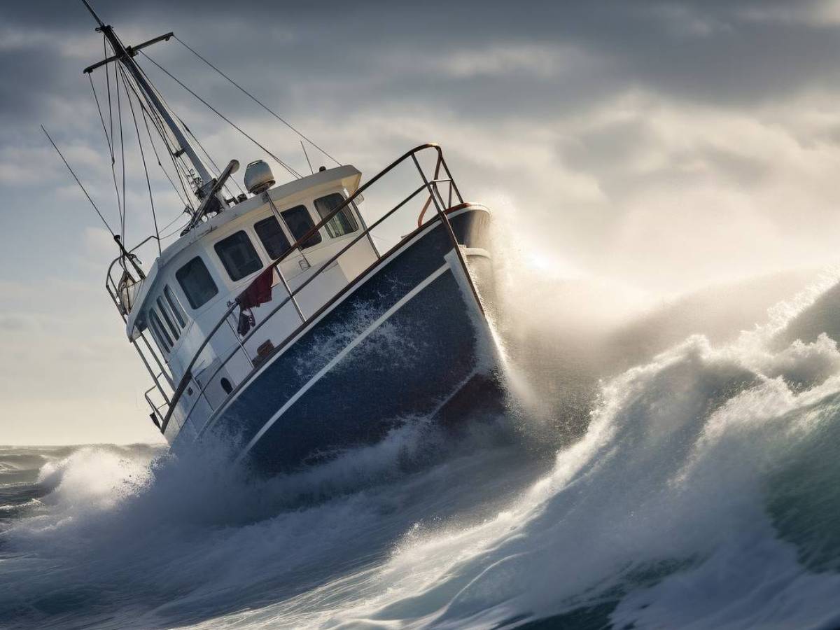 Маленький корабль посредине бушующих волн во время шторма