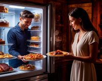 Девушка достает из холодильника деликатесы