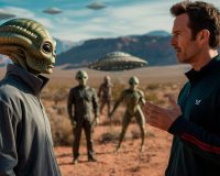 Мужчина в спортивном костюме разговаривает с инопланетянами