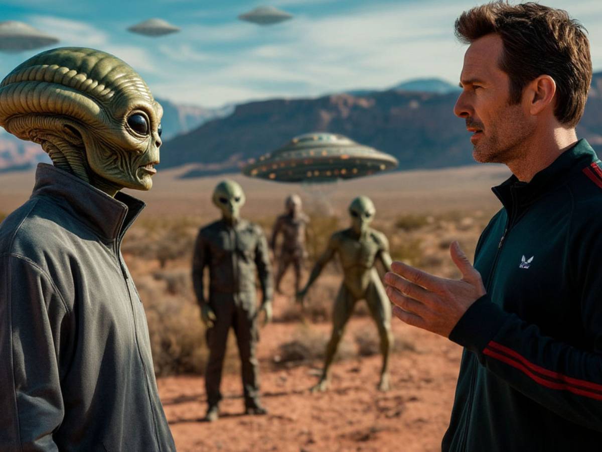 Мужчина в спортивном костюме разговаривает с инопланетянами