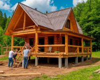 Люди занимаются постройкой деревенского коттеджа