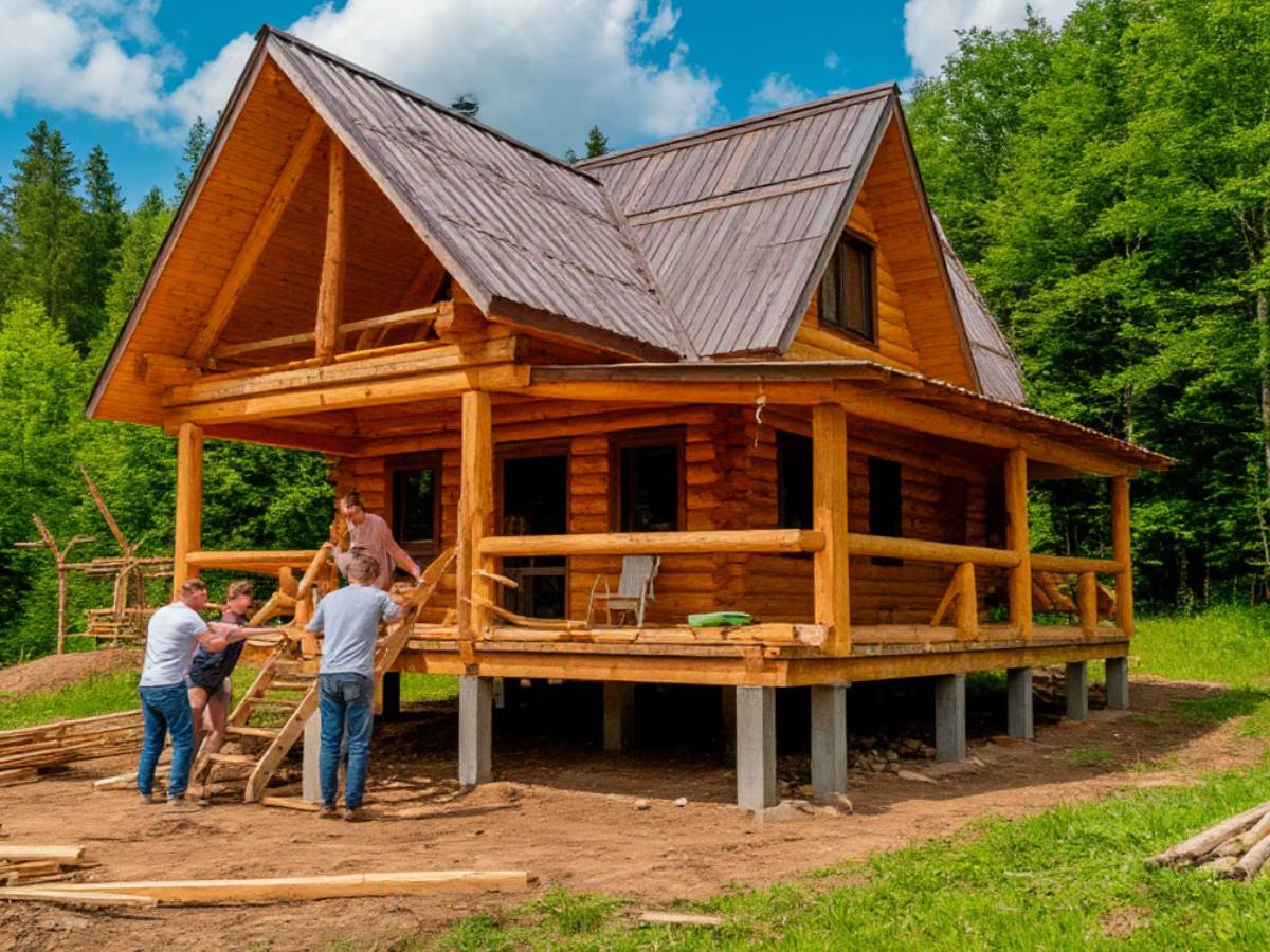 Люди занимаются постройкой деревенского коттеджа