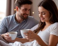 Молодая пара пьет кофе в постели