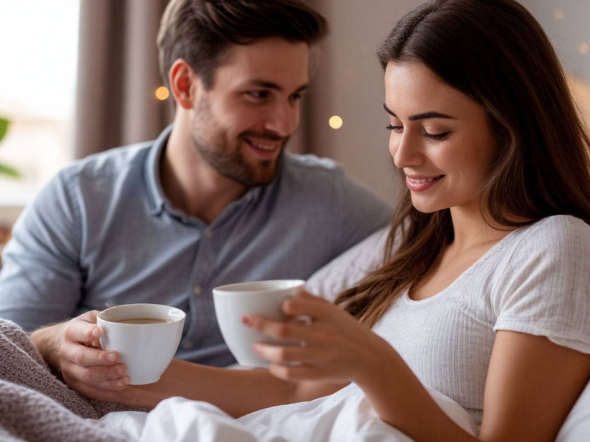 Молодая пара пьет кофе в постели