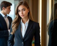 Красивая девушка в деловом костюме позирует перед зеркалом