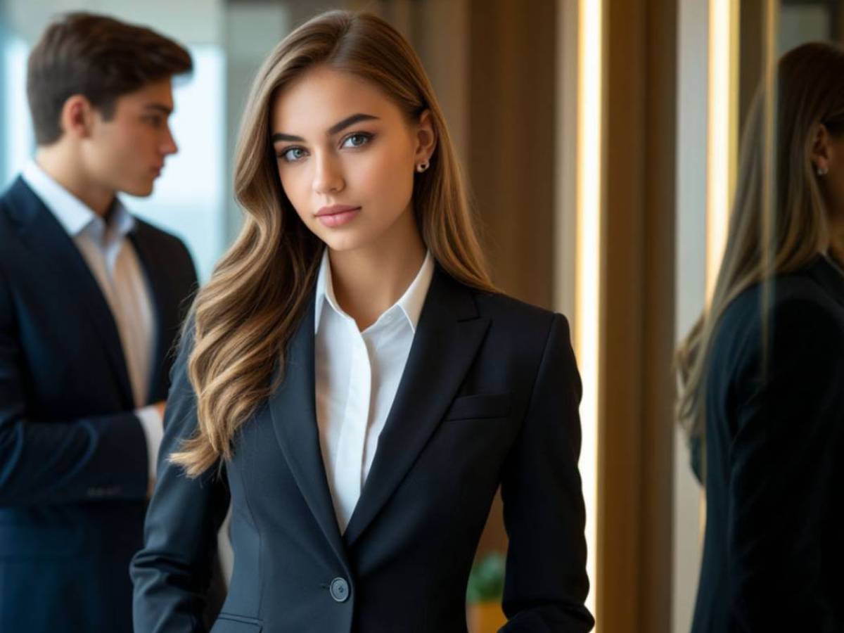 Красивая девушка в деловом костюме позирует перед зеркалом