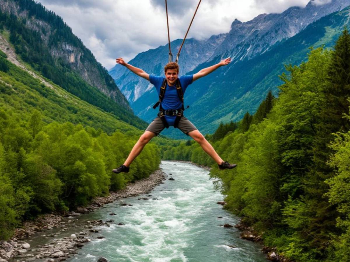 Молодой человек прыгает с тарзанки на фоне горной реки