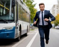 Мужчина в деловом костюме догоняет автобус