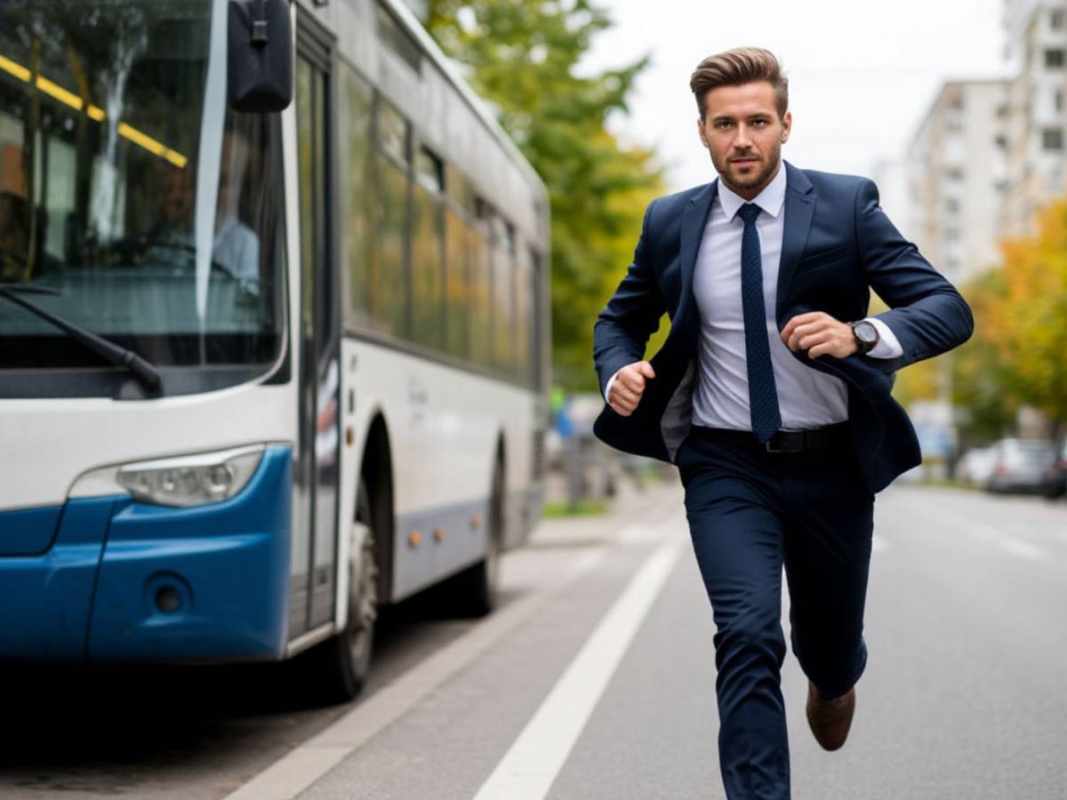 Мужчина в деловом костюме догоняет автобус