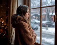 Девушка смотрит на заснеженную улицу