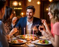 Молодой человек празднует день рождения в компании друзей