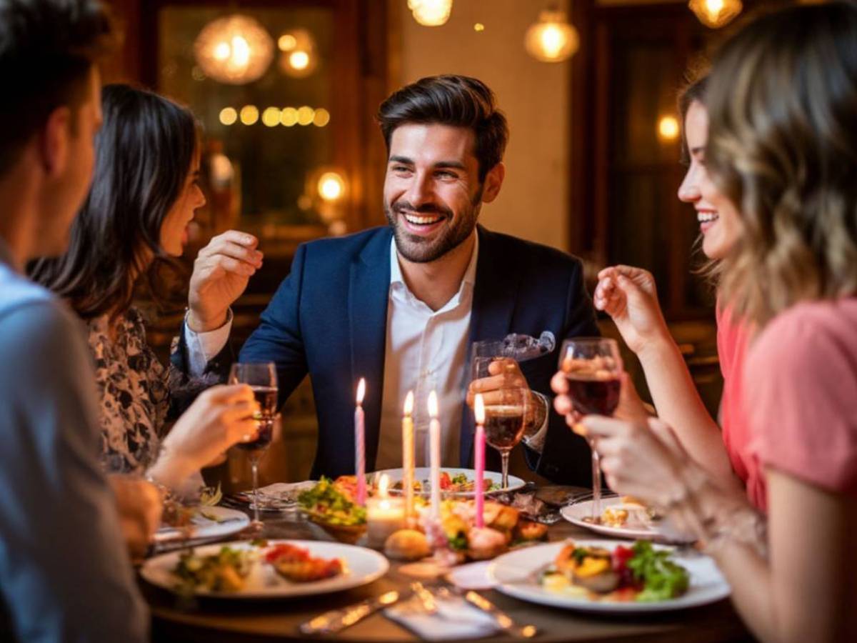 Молодой человек празднует день рождения в компании друзей