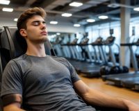 Уставший молодой человек отдыхает в фитнес-зале