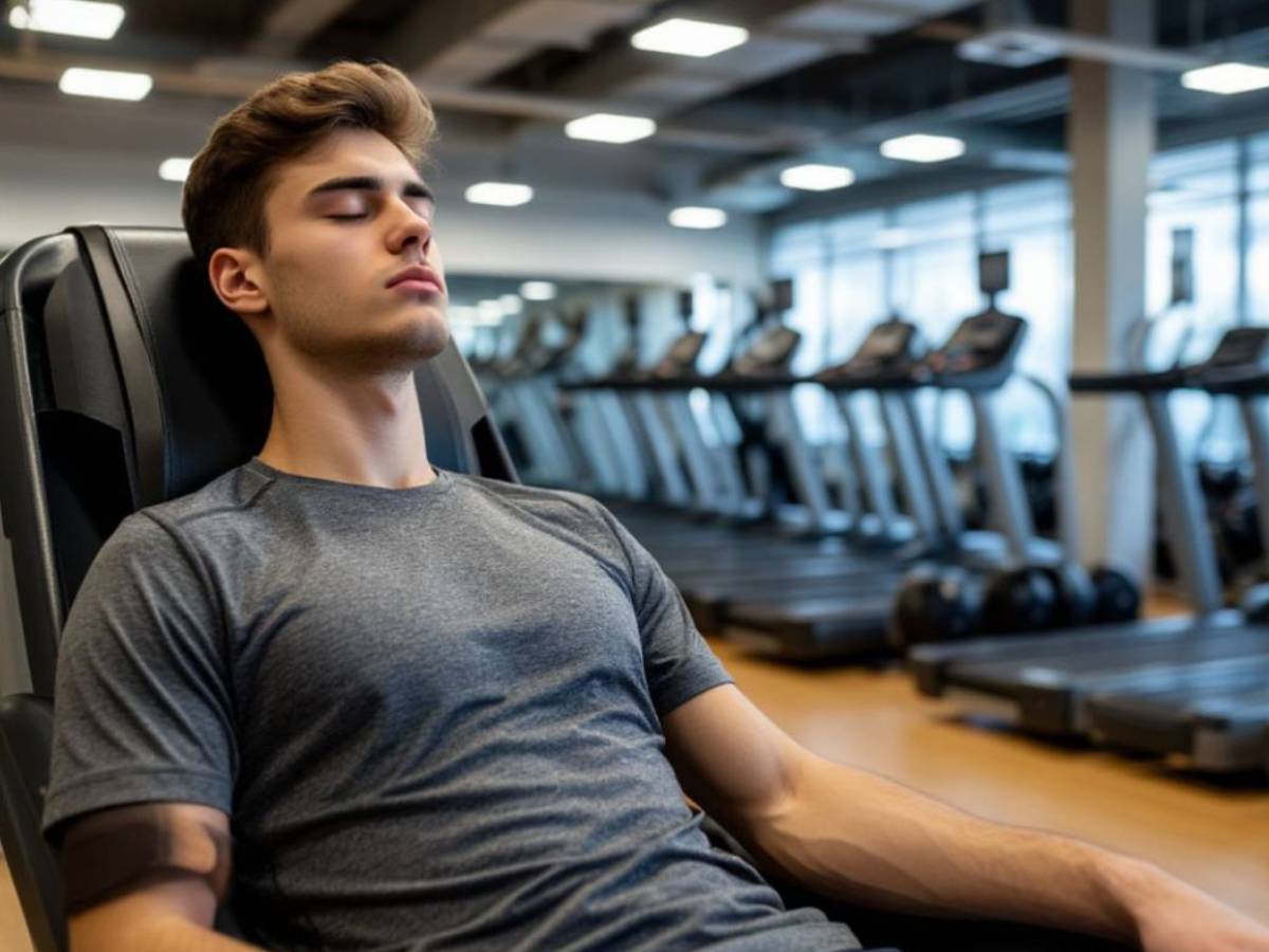 Уставший молодой человек отдыхает в фитнес-зале