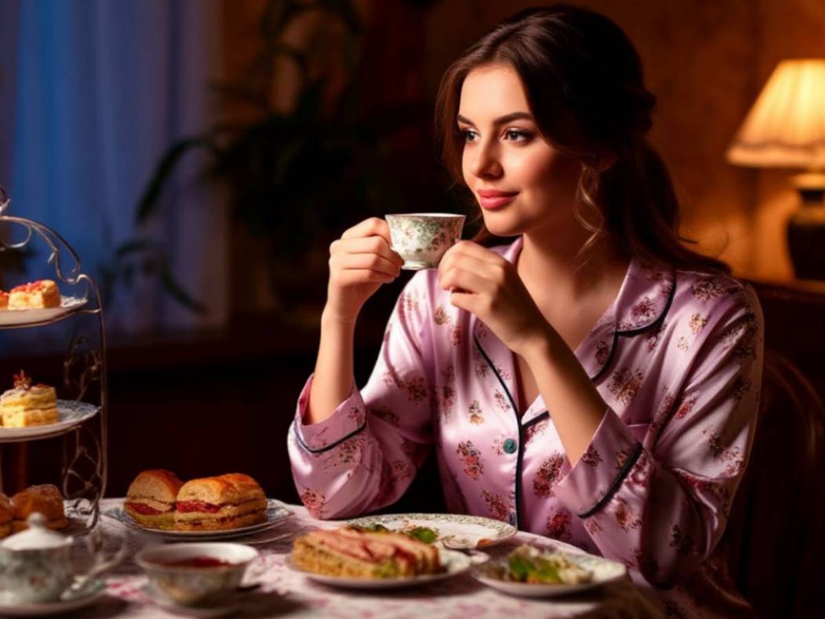 Молодая женщина в красивой пижаме пьет вечером чай с пирожными