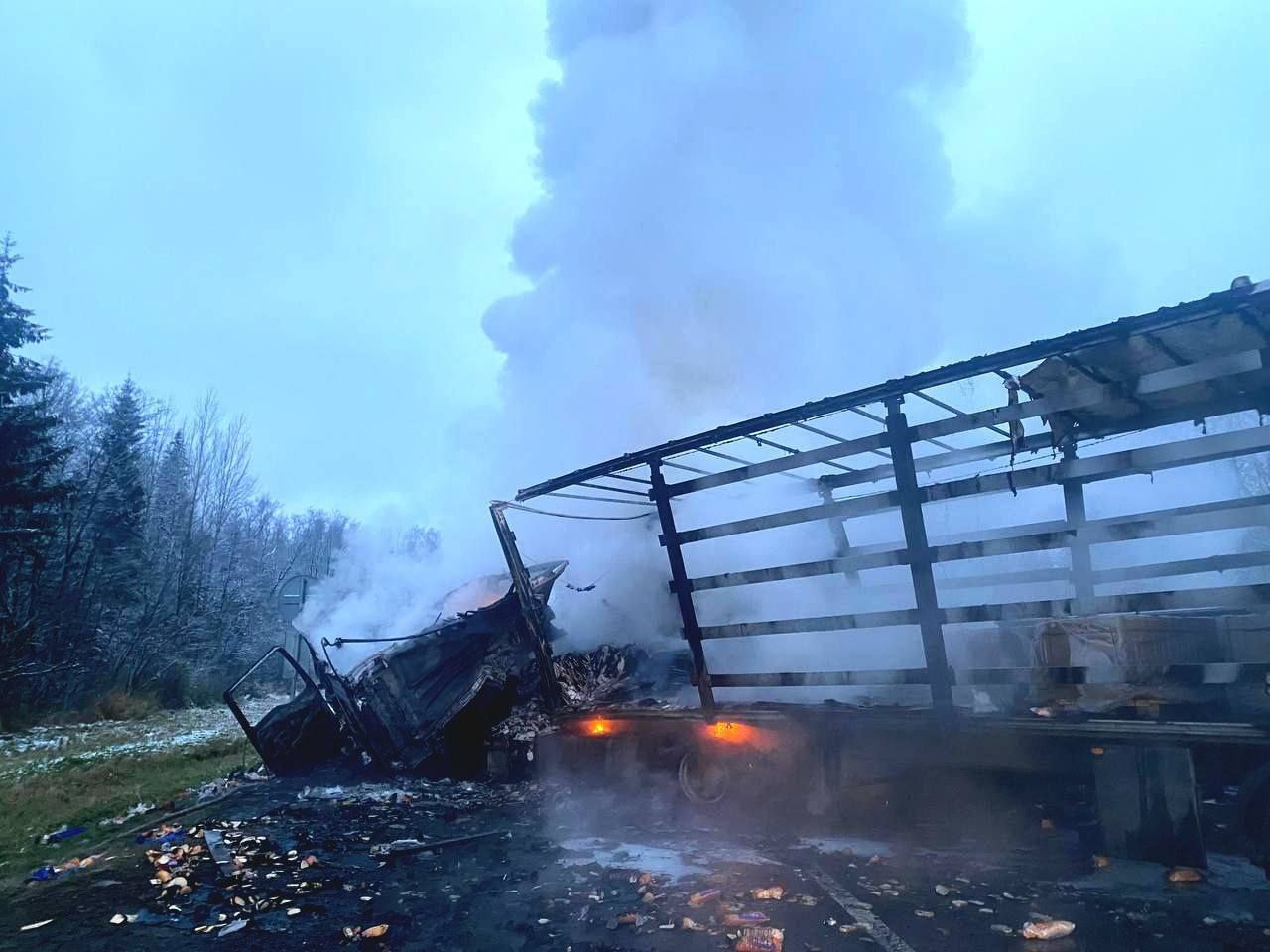 В Новгородской области после столкновения воспламенились две фуры