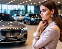 Стильно одетая девушка выбирает автомобиль в автосалоне