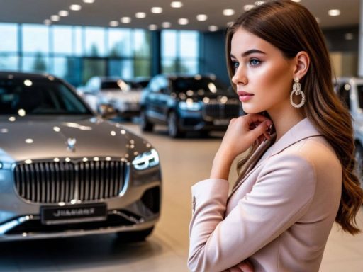 Стильно одетая девушка выбирает автомобиль в автосалоне