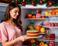 Привлекательная девушка достает торт из холодильника
