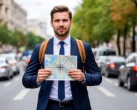 Человек в деловом костюме и рюкзаком за плечами стоит на оживленной улице