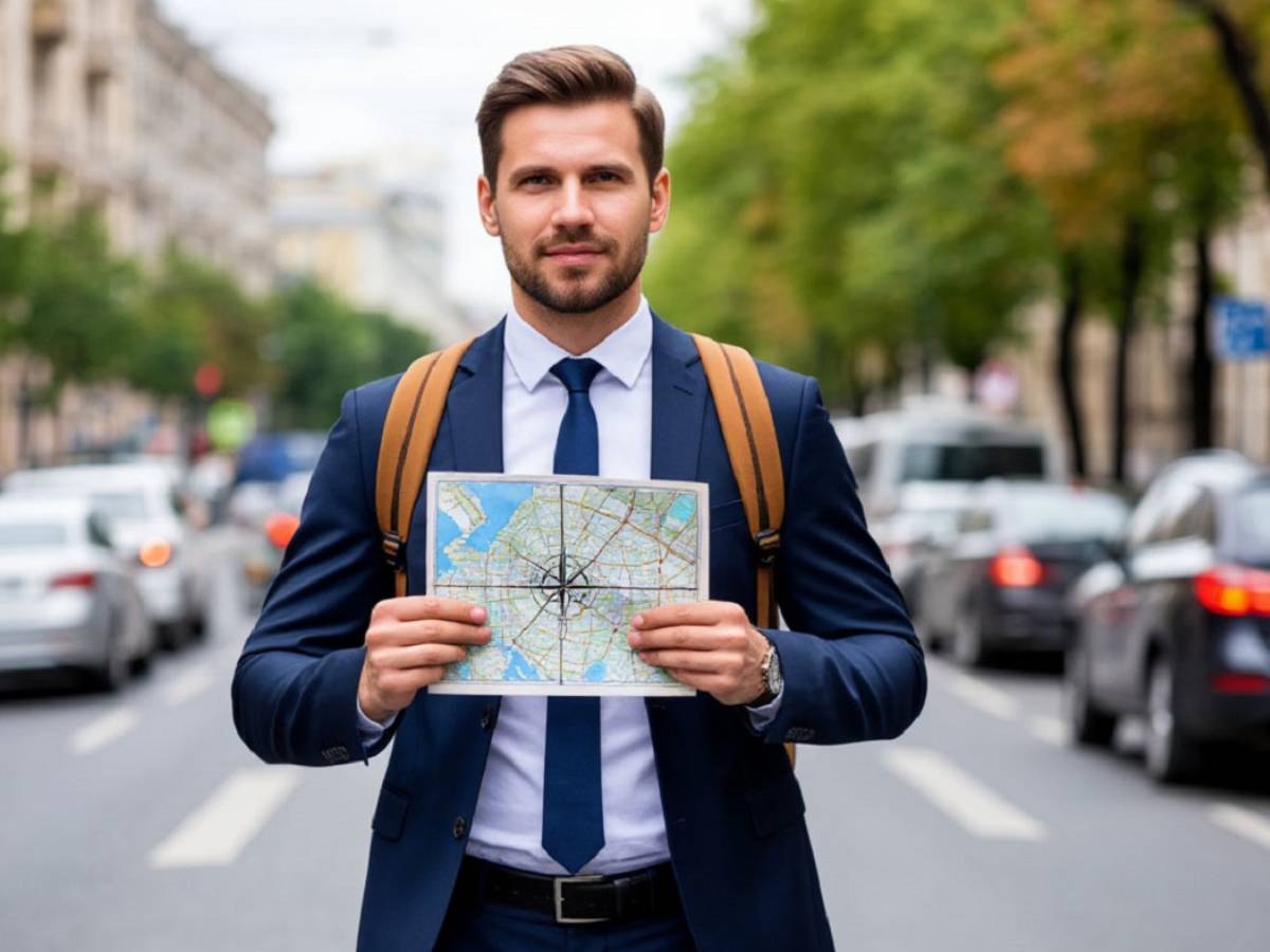 Человек в деловом костюме и рюкзаком за плечами стоит на оживленной улице