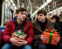 Молодые люди с новогодними подарками едут в метро