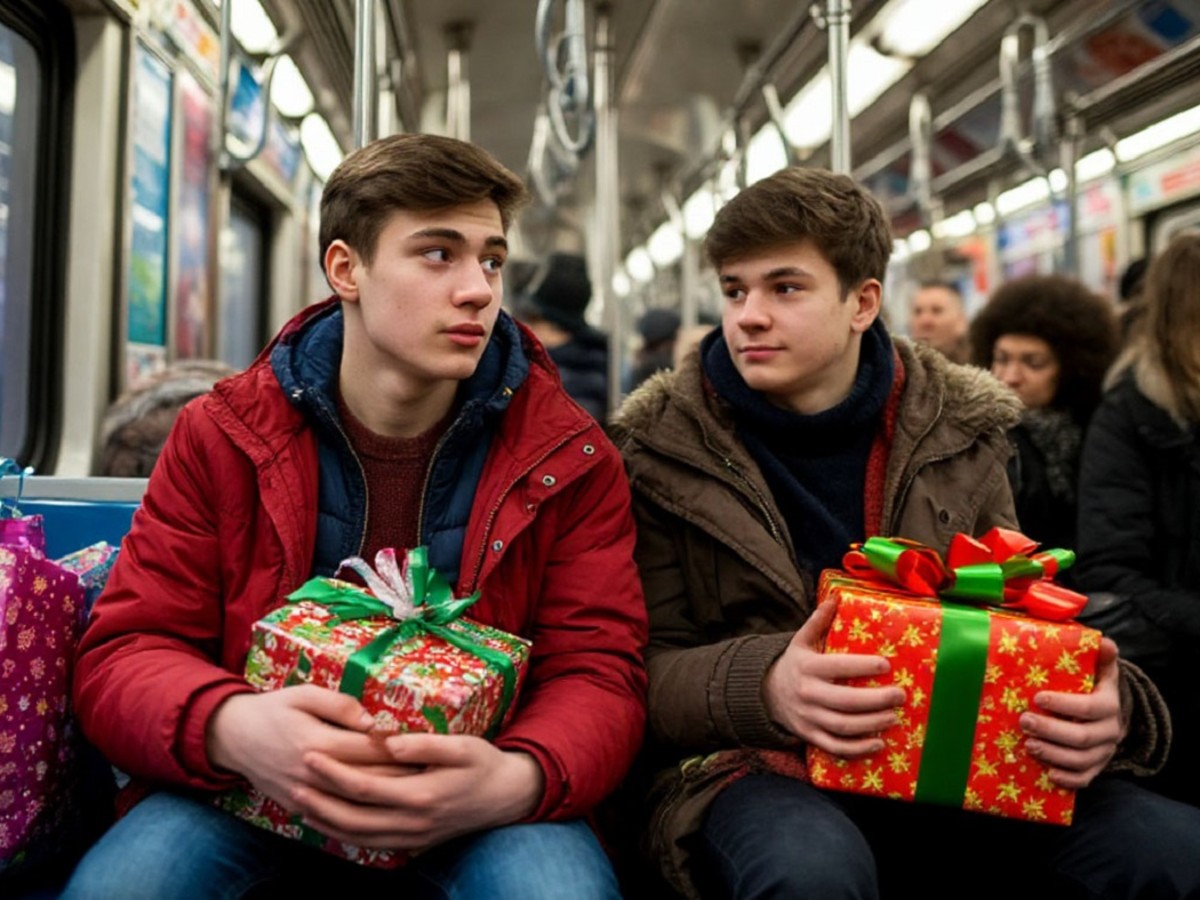 Молодые люди с новогодними подарками едут в метро