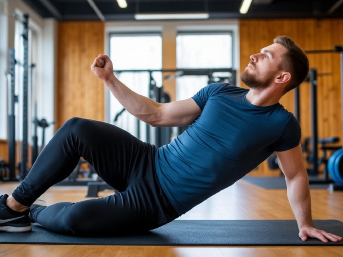 Мужчина в фитнес-зале делает упражнения