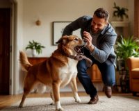 Собака радостно встречает хозяина, пришедшего домой