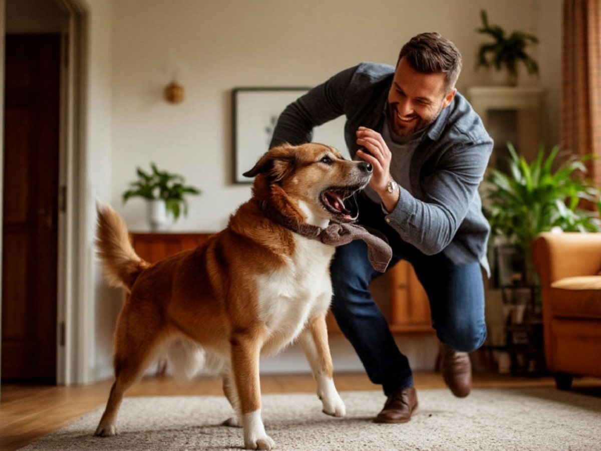 Собака радостно встречает хозяина, пришедшего домой