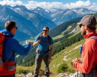 Инструктор показывает туристам красивый горный пейзаж