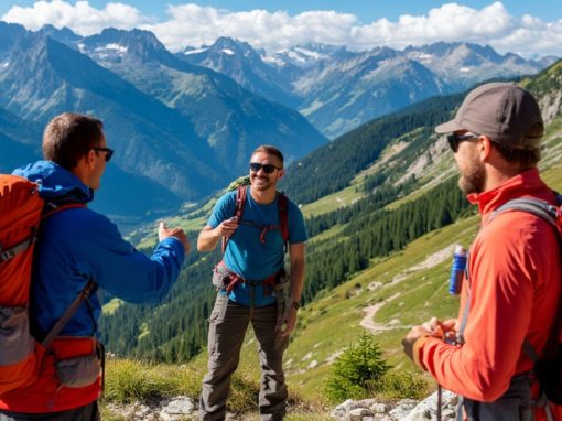 Инструктор показывает туристам красивый горный пейзаж
