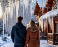 Молодая пара любуется красивыми сосульками