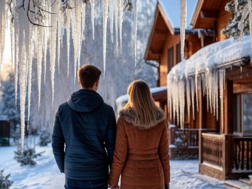 Молодая пара любуется красивыми сосульками