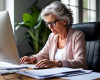 Женщина средних лет сосредоточенно работает за компьютером