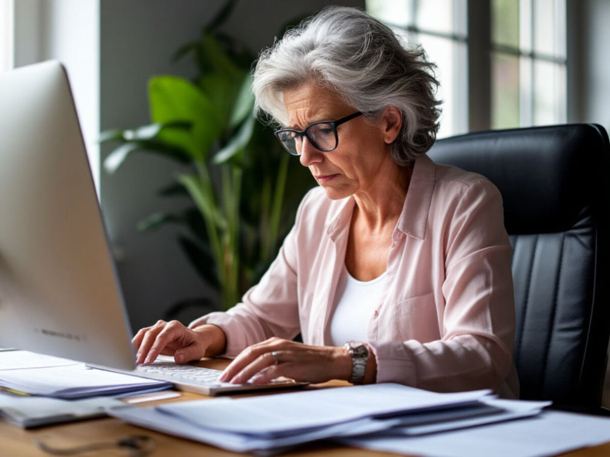 Женщина средних лет сосредоточенно работает за компьютером