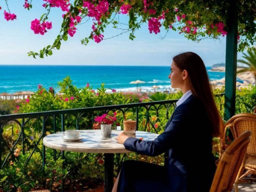 Девушка в деловом костюме любуется океаном, сидя на веранде летнего кафе