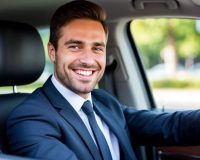 Мужчина в деловом костюме улыбается, сидя за рулем автомобиля