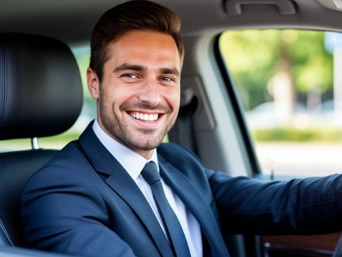 Мужчина в деловом костюме улыбается, сидя за рулем автомобиля