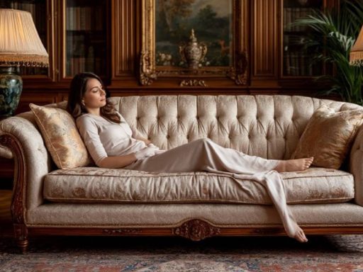 Молодая женщина лежит на диване в уютной комнате