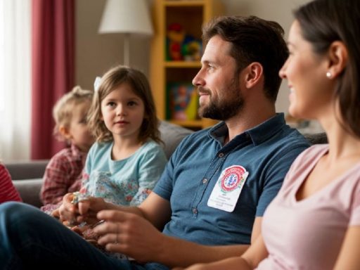 Мужчина с бейджем на рубашке сидит в окружении семьи