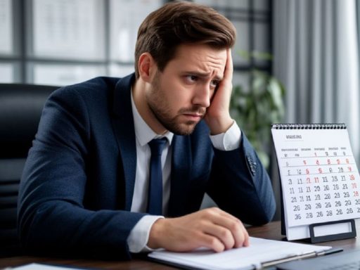 Человек в деловом костюме грустно смотрит на календарь