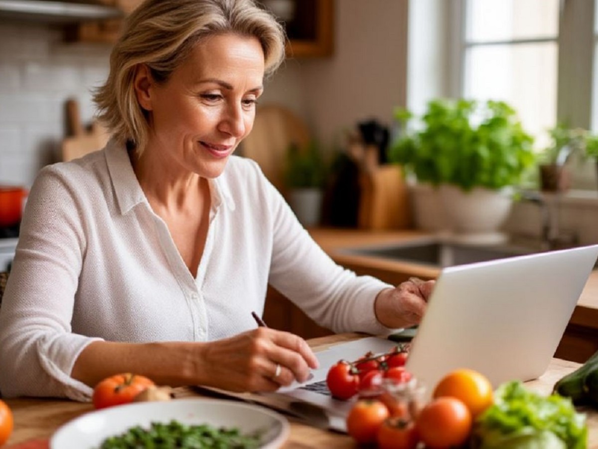 Привлекательная женщина средних лет изучает рецепты на кулинаром сайте