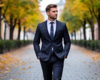 Молодой человек в деловом костюме идет по улице